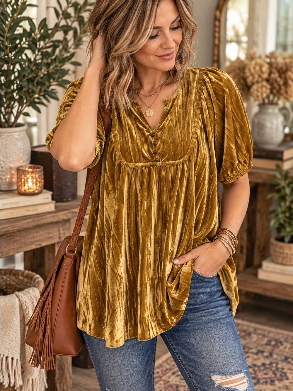Maurices XL Gold Crushed Velvet Babydoll Tunic Top Puff Sleeve Boho